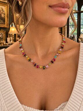 Multicolor Crystal Necklace Rainbow Gemstone Statement Gold Tone Jewelry